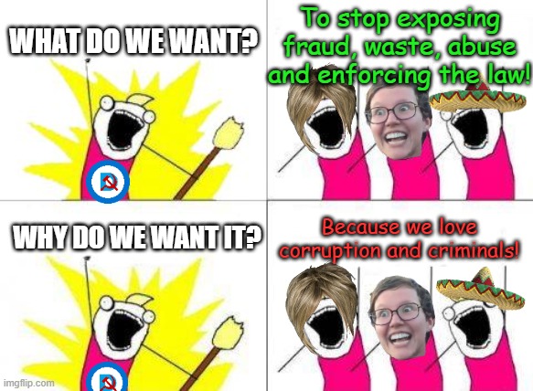 What happens when a nation no longer has shared, core values? | To stop exposing fraud, waste, abuse and enforcing the law! WHAT DO WE WANT? Because we love corruption and criminals! WHY DO WE WANT IT? | image tagged in memes,what do we want | made w/ Imgflip meme maker