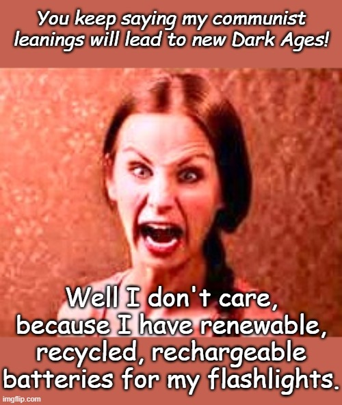 We're not talking about the same thing... | You keep saying my communist leanings will lead to new Dark Ages! Well I don't care, because I have renewable, recycled, rechargeable batteries for my flashlights. | image tagged in crazy liberal | made w/ Imgflip meme maker