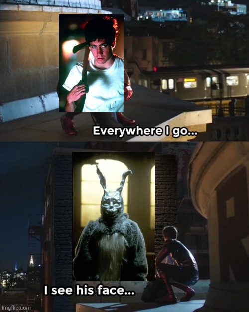 Donnie Darko explained | image tagged in everywhere i go i see his face,donnie darko | made w/ Imgflip meme maker