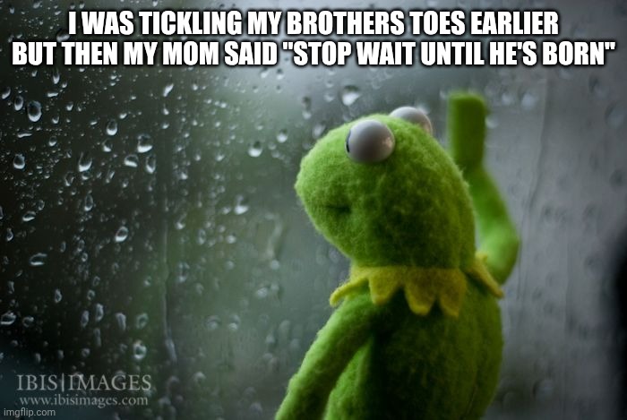 kermit window | I WAS TICKLING MY BROTHERS TOES EARLIER BUT THEN MY MOM SAID "STOP WAIT UNTIL HE'S BORN" | image tagged in kermit window | made w/ Imgflip meme maker