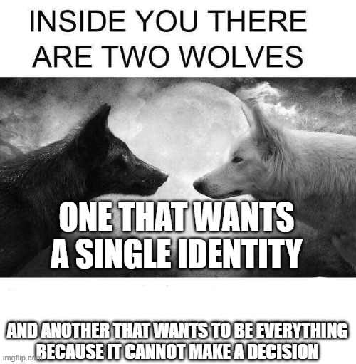 Inside you there are two wolves | ONE THAT WANTS A SINGLE IDENTITY; AND ANOTHER THAT WANTS TO BE EVERYTHING
BECAUSE IT CANNOT MAKE A DECISION | image tagged in inside you there are two wolves | made w/ Imgflip meme maker