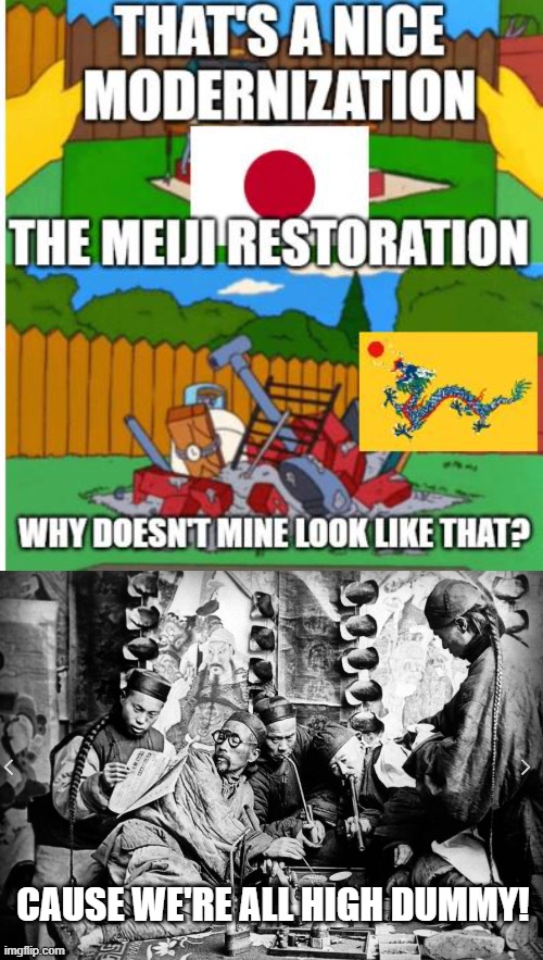 Won't Work on Drugs Guys | CAUSE WE'RE ALL HIGH DUMMY! | image tagged in opium den | made w/ Imgflip meme maker