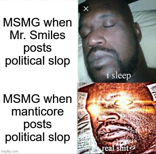 Sleeping Shaq Meme | MSMG when Mr. Smiles posts political slop; MSMG when manticore posts political slop | image tagged in memes,sleeping shaq | made w/ Imgflip meme maker