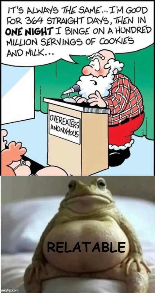 Too much of a good thing... | RELATABLE | image tagged in santa claus,cookies,snacks,too much food,relatable,relatable memes | made w/ Imgflip meme maker