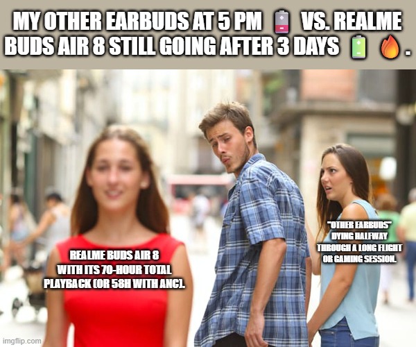 My other earbuds at 5 PM ? vs. realme Buds Air 8 still going after 3 days ??. | MY OTHER EARBUDS AT 5 PM 🪫 VS. REALME BUDS AIR 8 STILL GOING AFTER 3 DAYS 🔋🔥. "OTHER EARBUDS" DYING HALFWAY THROUGH A LONG FLIGHT OR GAMING SESSION. REALME BUDS AIR 8 WITH ITS 70-HOUR TOTAL PLAYBACK (OR 58H WITH ANC). | image tagged in memes,distracted boyfriend | made w/ Imgflip meme maker