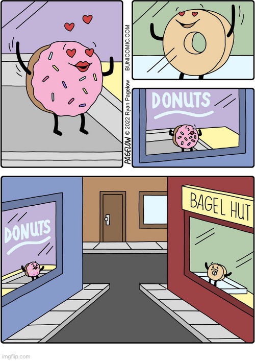 Separation anxiety… | image tagged in comics,buni comics,donut,bagel,love,seperated | made w/ Imgflip meme maker