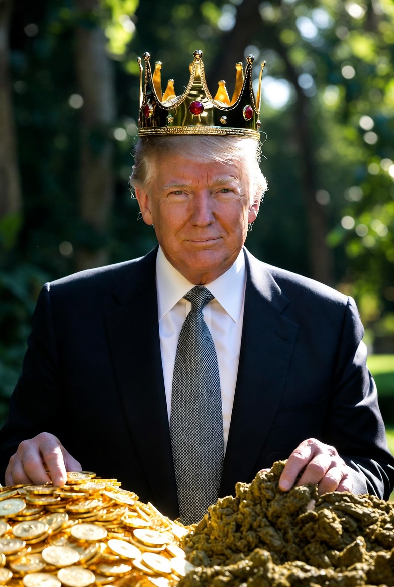 King Donald Trump with one hand on gold & the other on bullcrap Blank Meme Template