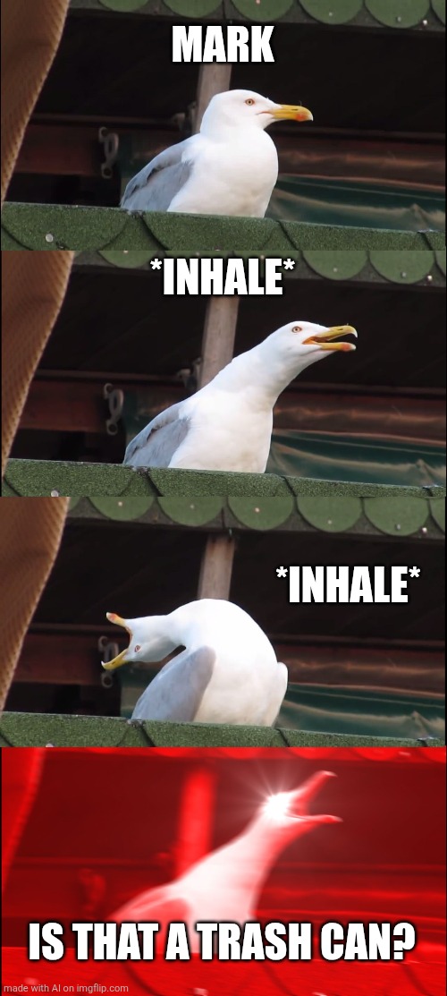 Inhaling Seagull Meme | MARK; *INHALE*; *INHALE*; IS THAT A TRASH CAN? | image tagged in memes,inhaling seagull | made w/ Imgflip meme maker