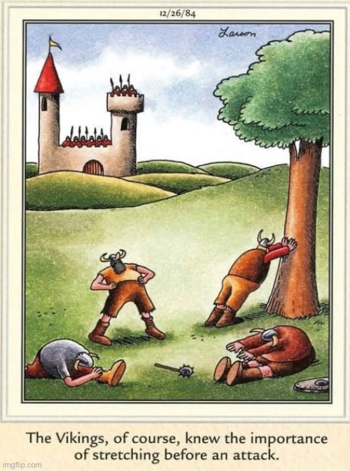 The real reason that Vikings were such successful warriors… | image tagged in the far side,comics,vikings,stretching,fierce | made w/ Imgflip meme maker
