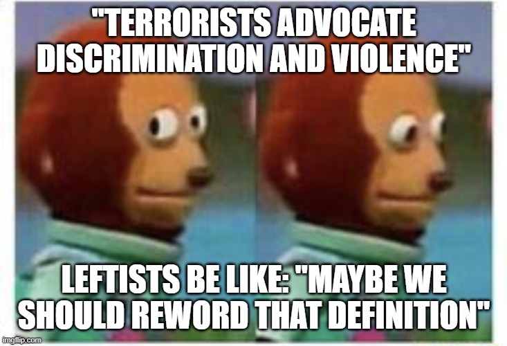 side eye teddy | "TERRORISTS ADVOCATE DISCRIMINATION AND VIOLENCE" LEFTISTS BE LIKE: "MAYBE WE SHOULD REWORD THAT DEFINITION" | image tagged in side eye teddy | made w/ Imgflip meme maker
