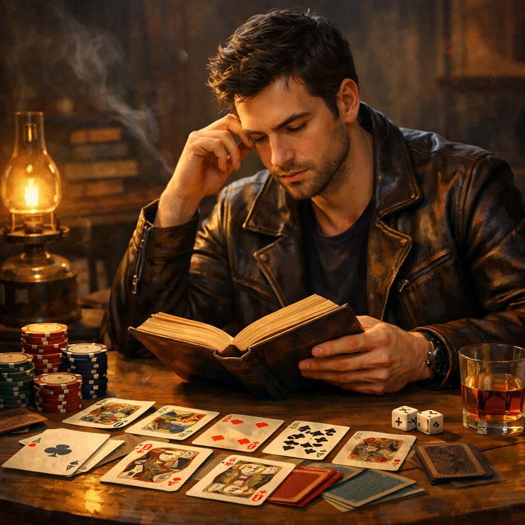 A men reading a book with cards in front of him Blank Meme Template