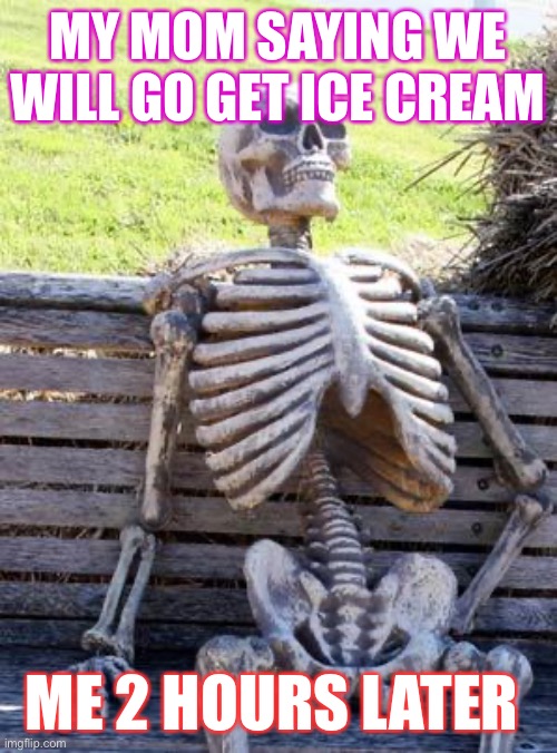This felt like death | MY MOM SAYING WE WILL GO GET ICE CREAM; ME 2 HOURS LATER | image tagged in memes,waiting skeleton | made w/ Imgflip meme maker