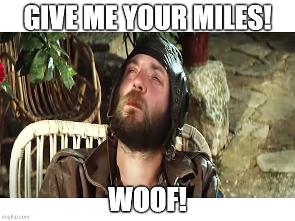 Oddball wants your miles | GIVE ME YOUR MILES! WOOF! | image tagged in oddball,miles,kellys heroes | made w/ Imgflip meme maker