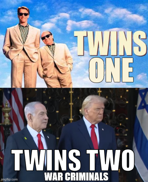 TWIN  WAR CRIMINALS | ONE; TWINS TWO; WAR CRIMINALS | image tagged in twin  war criminals,twin ass kissers,war-a-lago,pardon for fellow war criminal | made w/ Imgflip meme maker