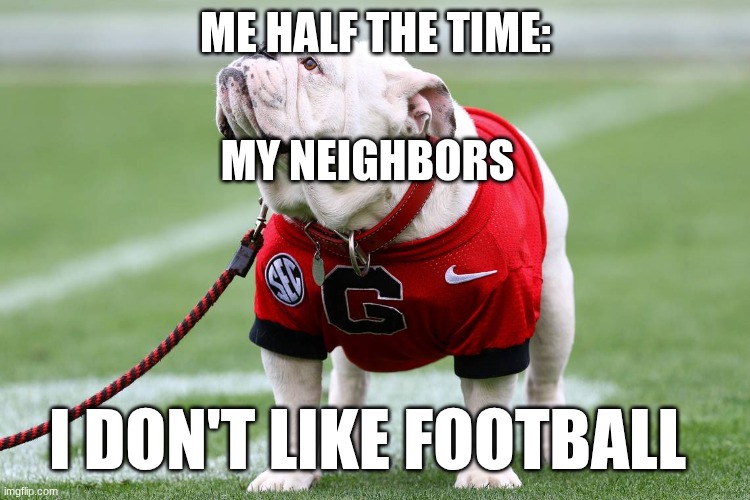 Georgia bulldog | ME HALF THE TIME:; MY NEIGHBORS; I DON'T LIKE FOOTBALL | image tagged in georgia bulldog | made w/ Imgflip meme maker