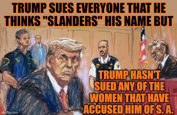 He Won't Sue Them Either | TRUMP SUES EVERYONE THAT HE THINKS "SLANDERS" HIS NAME BUT; TRUMP HASN'T SUED ANY OF THE WOMEN THAT HAVE ACCUSED HIM OF S. A. | image tagged in trump in court,trump unfit unqualified dangerous,lock him up,impeach trump,special kind of stupid,maga | made w/ Imgflip meme maker