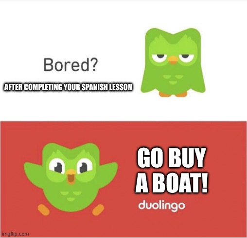 Buy a boat! | AFTER COMPLETING YOUR SPANISH LESSON; GO BUY A BOAT! | image tagged in duolingo bored | made w/ Imgflip meme maker