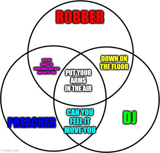 Venn diagram | ROBBER; DOWN ON THE FLOOR; GIVE ME MONEY OR SOMETHING BAD WILL HAPPEN TO YOU; PUT YOUR ARMS IN THE AIR; PREACHER; DJ; CAN YOU FEEL IT MOVE YOU | image tagged in venn diagram | made w/ Imgflip meme maker