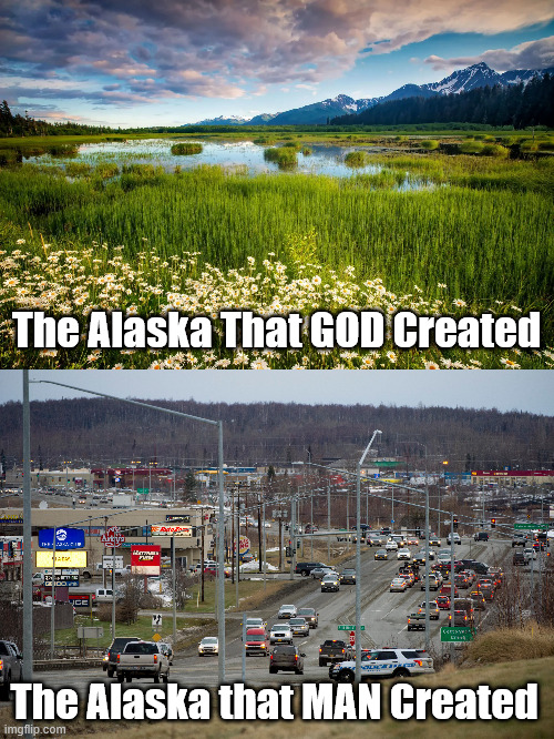 Alaska! | The Alaska That GOD Created; The Alaska that MAN Created | image tagged in sarah palin,wasilla,alaska,nature,suburban,stroad | made w/ Imgflip meme maker