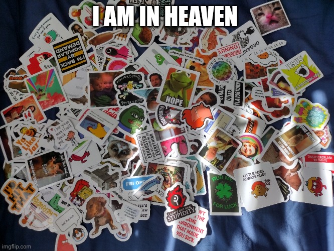 Got a ton of stickers for only 10 bucks | I AM IN HEAVEN | image tagged in memes,stickers | made w/ Imgflip meme maker
