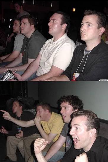 Guys cheering on couch Blank Meme Template
