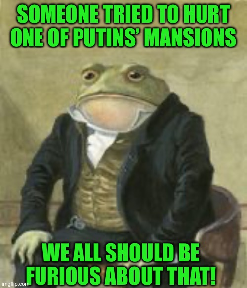 Colonel Toad | SOMEONE TRIED TO HURT ONE OF PUTINS’ MANSIONS; WE ALL SHOULD BE FURIOUS ABOUT THAT! | image tagged in colonel toad | made w/ Imgflip meme maker