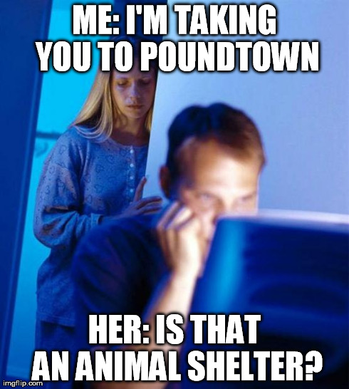 Redditor's Wife Meme | ME: I'M TAKING YOU TO POUNDTOWN HER: IS THAT AN ANIMAL SHELTER? | image tagged in memes,redditors wife,AdviceAnimals | made w/ Imgflip meme maker