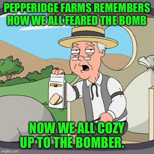 Pepperidge Farm Remembers Meme | PEPPERIDGE FARMS REMEMBERS HOW WE ALL FEARED THE BOMB; NOW WE ALL COZY UP TO THE BOMBER. | image tagged in memes,pepperidge farm remembers | made w/ Imgflip meme maker