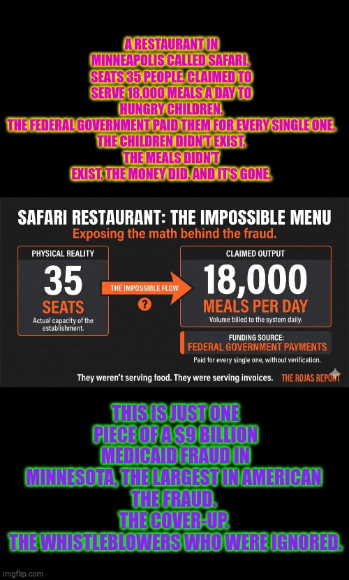 Safari restaurant fraud | A RESTAURANT IN MINNEAPOLIS CALLED SAFARI.  SEATS 35 PEOPLE. CLAIMED TO SERVE 18,000 MEALS A DAY TO HUNGRY CHILDREN.
THE FEDERAL GOVERNMENT PAID THEM FOR EVERY SINGLE ONE.
THE CHILDREN DIDN’T EXIST.
THE MEALS DIDN’T EXIST. THE MONEY DID. AND IT’S GONE. THIS IS JUST ONE PIECE OF A $9 BILLION MEDICAID FRAUD IN MINNESOTA, THE LARGEST IN AMERICAN 
THE FRAUD. 
THE COVER-UP. 
THE WHISTLEBLOWERS WHO WERE IGNORED. | image tagged in minnesota,fraud,scam,tim walz,somalis,accountability | made w/ Imgflip meme maker