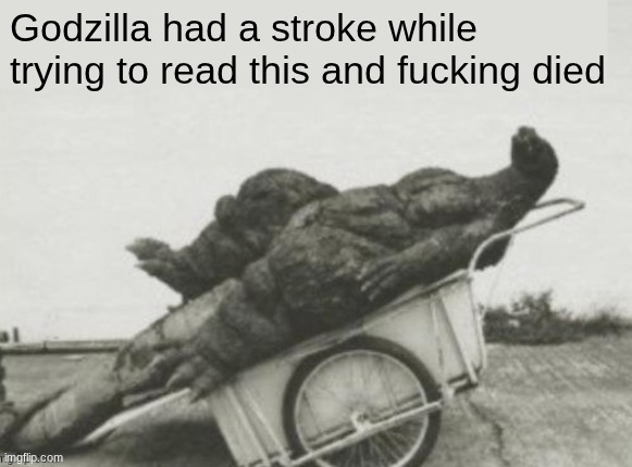 Godzilla had stroke | Godzilla had a stroke while trying to read this and fucking died | image tagged in godzilla had stroke | made w/ Imgflip meme maker