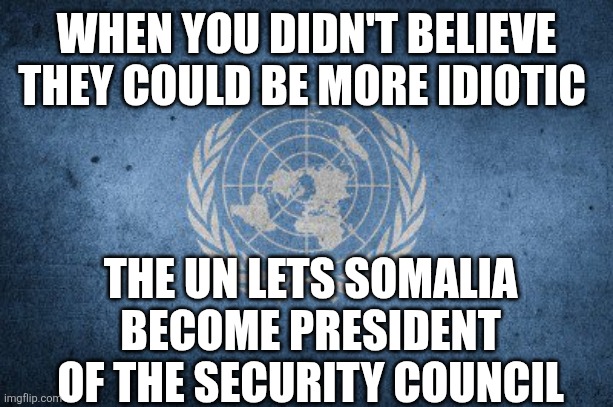 United nations | WHEN YOU DIDN'T BELIEVE THEY COULD BE MORE IDIOTIC; THE UN LETS SOMALIA BECOME PRESIDENT OF THE SECURITY COUNCIL | image tagged in united nations | made w/ Imgflip meme maker