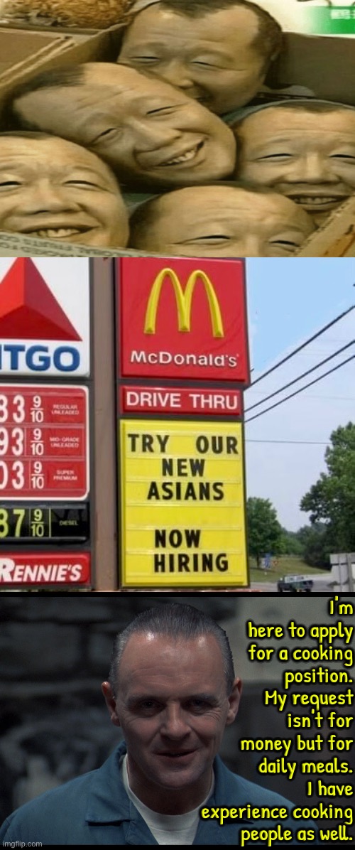 Well this is unnerving | I'm here to apply for a cooking position. My request isn't for money but for daily meals. I have experience cooking people as well. | image tagged in mcdonald's,funny signs,asians,hannibal lecter,cannibals,dark humour | made w/ Imgflip meme maker