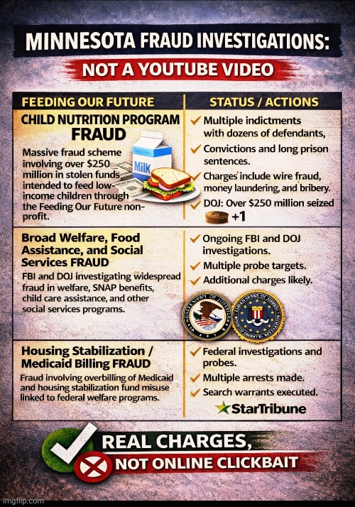 Minnesota fraud investigations | image tagged in minnesota,fraud,scam,accountability,tim walz,somalis | made w/ Imgflip meme maker