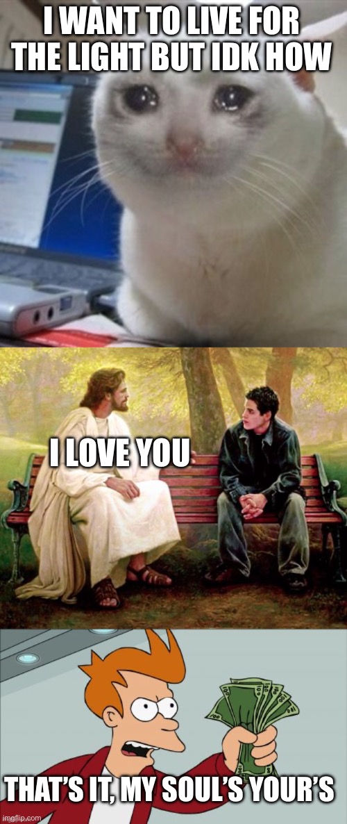 I WANT TO LIVE FOR THE LIGHT BUT IDK HOW; I LOVE YOU; THAT’S IT, MY SOUL’S YOUR’S | image tagged in crying cat | made w/ Imgflip meme maker