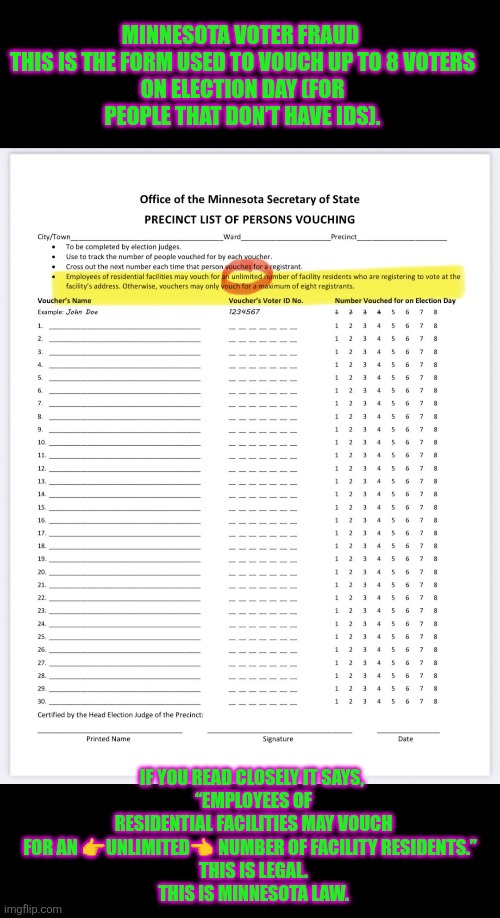 Minnesota voter fraud | MINNESOTA VOTER FRAUD 

THIS IS THE FORM USED TO VOUCH UP TO 8 VOTERS ON ELECTION DAY (FOR PEOPLE THAT DON’T HAVE IDS). IF YOU READ CLOSELY IT SAYS, 
“EMPLOYEES OF RESIDENTIAL FACILITIES MAY VOUCH FOR AN 👉UNLIMITED👈 NUMBER OF FACILITY RESIDENTS.”  
THIS IS LEGAL.
THIS IS MINNESOTA LAW. | image tagged in minnesota,voter fraud,election fraud,voter id,election integrity | made w/ Imgflip meme maker