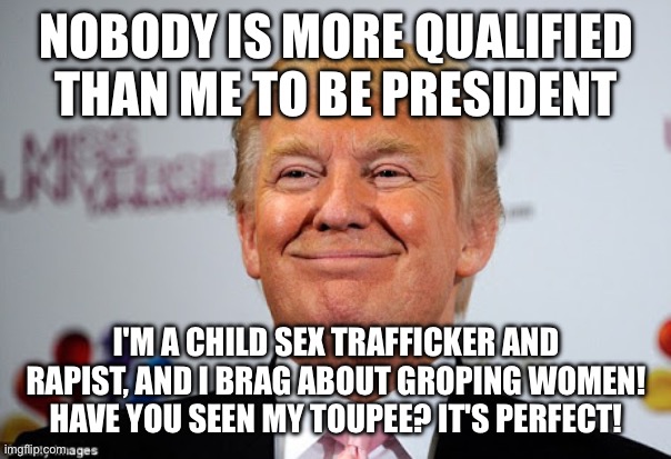 Donald trump approves | NOBODY IS MORE QUALIFIED THAN ME TO BE PRESIDENT I'M A CHILD SEX TRAFFICKER AND RAPIST, AND I BRAG ABOUT GROPING WOMEN! HAVE YOU SEEN MY TOU | image tagged in donald trump approves | made w/ Imgflip meme maker