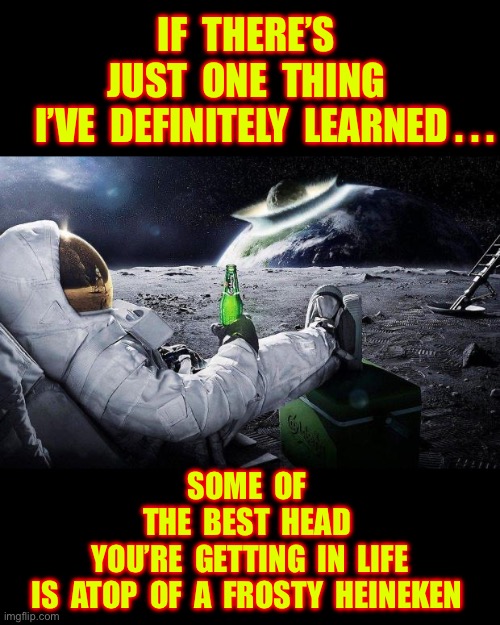 What I’ve Learned !!!  So Far !  . . . .  LOL  : ) | IF  THERE’S 
JUST  ONE  THING 
    I’VE  DEFINITELY  LEARNED . . . SOME  OF 
THE  BEST  HEAD 
YOU’RE  GETTING  IN  LIFE
IS  ATOP  OF  A  FROSTY  HEINEKEN | image tagged in yep i dont care,beer,outer space | made w/ Imgflip meme maker