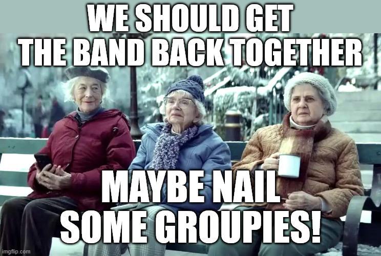 AMAZON OLD LADIES | WE SHOULD GET THE BAND BACK TOGETHER; MAYBE NAIL SOME GROUPIES! | image tagged in amazon old ladies,amazon,old ladies,band,memes,sex | made w/ Imgflip meme maker