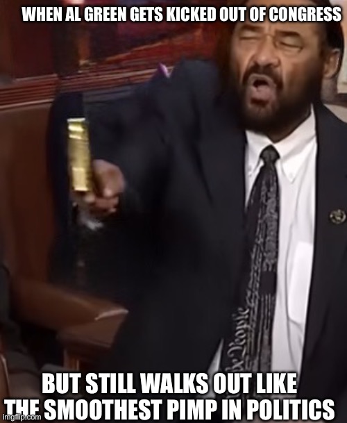 Congressman Al Green is a crybaby! | WHEN AL GREEN GETS KICKED OUT OF CONGRESS; BUT STILL WALKS OUT LIKE THE SMOOTHEST PIMP IN POLITICS | image tagged in congressman al green i sm your god now,al green,mvp,pimp,congress,crying democrats | made w/ Imgflip meme maker