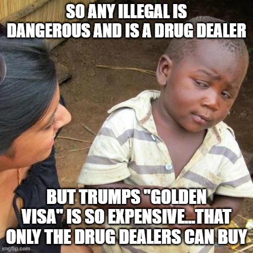 "LETS GO DEFEND TRUMP AT 1 AM ON A MEME SITE" | SO ANY ILLEGAL IS DANGEROUS AND IS A DRUG DEALER; BUT TRUMPS "GOLDEN VISA" IS SO EXPENSIVE...THAT ONLY THE DRUG DEALERS CAN BUY | image tagged in memes,third world skeptical kid | made w/ Imgflip meme maker