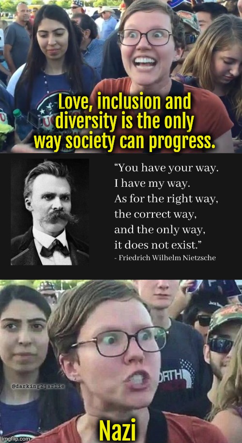 Liberal ways doesn't work - Nietzsche the Nazi | Love, inclusion and diversity is the only way society can progress. @darking2jarlie; Nazi | image tagged in liberals,liberal logic,liberal hypocrisy,democrats | made w/ Imgflip meme maker