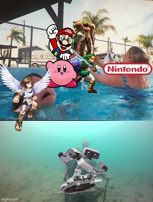 Nintendo ignoring these games | image tagged in mother ignoring kid drowning in a pool | made w/ Imgflip meme maker