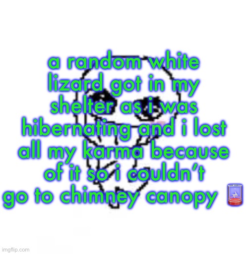 dumb stinky moron | a random white lizard got in my shelter as i was hibernating and i lost all my karma because of it so i couldn’t go to chimney canopy 🪫 | image tagged in dumb stinky moron | made w/ Imgflip meme maker