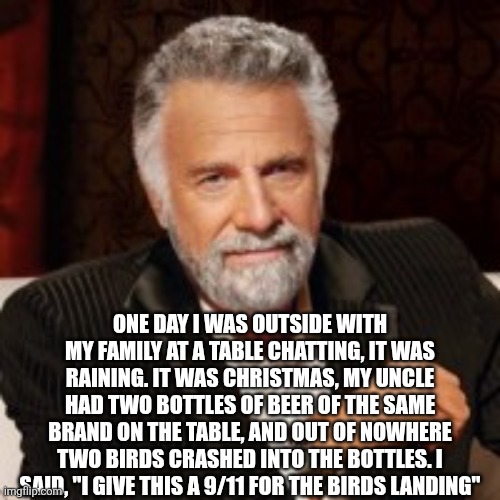 Normally I'm a pacifist. But I WILL pass-a-fist to a Nazi | ONE DAY I WAS OUTSIDE WITH MY FAMILY AT A TABLE CHATTING, IT WAS RAINING. IT WAS CHRISTMAS, MY UNCLE HAD TWO BOTTLES OF BEER OF THE SAME BRAND ON THE TABLE, AND OUT OF NOWHERE TWO BIRDS CRASHED INTO THE BOTTLES. I SAID, "I GIVE THIS A 9/11 FOR THE BIRDS LANDING" | image tagged in normally i'm a pacifist but i will pass-a-fist to a nazi | made w/ Imgflip meme maker