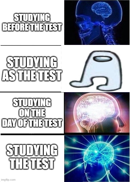 Expanding Brain Meme | STUDYING BEFORE THE TEST; STUDYING AS THE TEST; STUDYING ON THE DAY OF THE TEST; STUDYING THE TEST | image tagged in memes,expanding brain | made w/ Imgflip meme maker