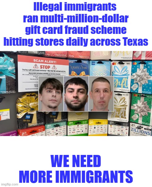 Illegal immigrants  ran multi-million-dollar gift card fraud scheme hitting stores daily across Texas; WE NEED MORE IMMIGRANTS | made w/ Imgflip meme maker