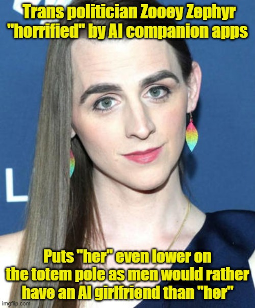 Elected to something somewhere in Montana | Trans politician Zooey Zephyr "horrified" by AI companion apps; Puts "her" even lower on the totem pole as men would rather have an AI girlfriend than "her" | image tagged in trans,artificial intelligence,girlfriend,apps | made w/ Imgflip meme maker