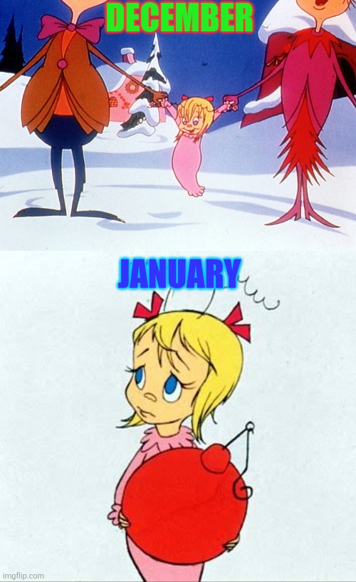 December vs January | DECEMBER; JANUARY | image tagged in dr seuss how the grinch stole christmas cindy lou who,christmas,december,january,december vs january,january blues | made w/ Imgflip meme maker