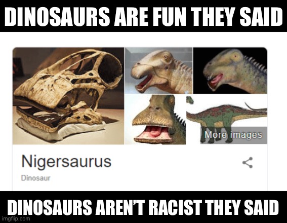 Who violated this dinosaur's name bruh? | DINOSAURS ARE FUN THEY SAID; DINOSAURS AREN’T RACIST THEY SAID | image tagged in dark humor,n word,dinosaurs,oh wow,no need to thank me | made w/ Imgflip meme maker