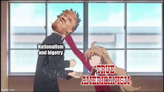 Toradora anti Trump meme | Nationalism and bigotry; TRUE AMERICANISM | image tagged in anime,toradora,donald trump,patriotic | made w/ Imgflip meme maker